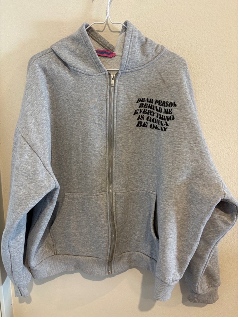 Edikted Gray Zip-Up Hoodie with Chest Text - Picture 2 of 5
